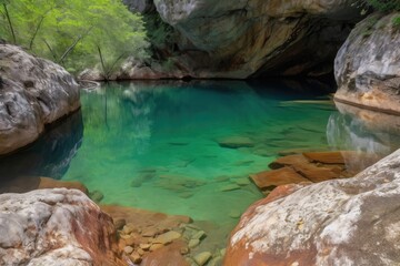 Canvas Print - natural rock formation with crystal-clear pool of water, created with generative ai