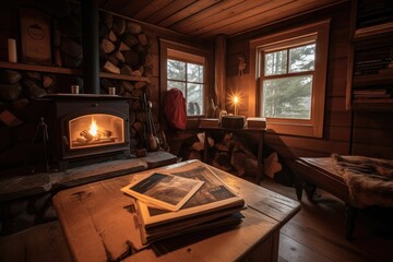 Poster - cozy cabin retreat with fire burning in the hearth, and stack of books on nearby table, created with generative ai