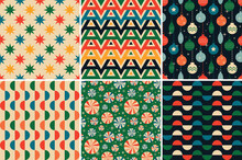 Vintage Retro Christmas Seamless Backgrounds In The Style Of The 60s And 70s. Vector Illustration