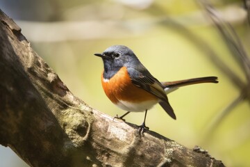 Wall Mural - male redstart bird sitting on branch, with its head tilted and eyes focused, created with generative ai