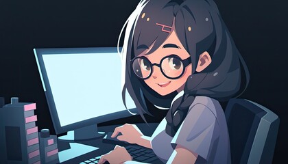 Asian Woman Computer Programmer Backdrop Setting Extremely Gorgeous Illustration Generative AI