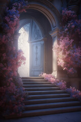 Wall Mural - stairs covered with fantasy flowers leading to door with light