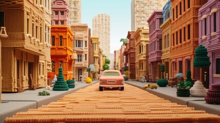 Generative AI, cute street made of crochet, houses, trees, road, cars. Soft colors, dreamy scene cityscape made of crochet materials, wool, fabric, yarn, sewing for background.