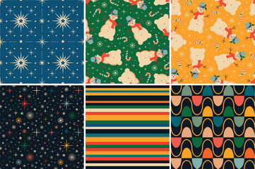 Wall Mural - Vintage retro Christmas seamless backgrounds in the style of the 60s and 70s. Vector illustration