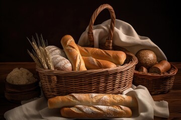 Wall Mural - basket of warm breads, including baguette, ciabatta, and roll, created with generative ai