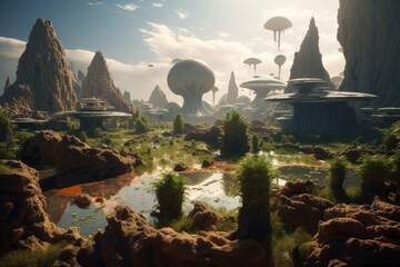 Wall Mural - alien life form, surrounded by its natural habitat, in stunning landscape, created with generative a