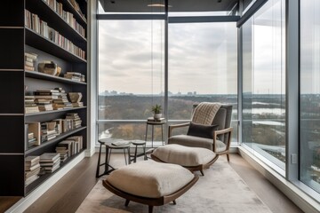 Poster - cozy reading nook next to glass wall with view of city skyline, created with generative ai