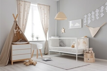 Modern Minimalist Nursery Room, Baby Room Interior, Light Colours, Scandinavian Style