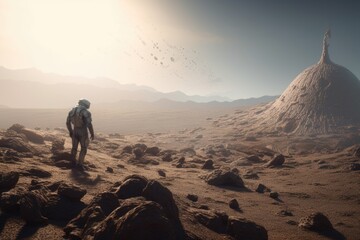Wall Mural - scientists exploring alien landscape with strange life forms visible in the distance, created with g