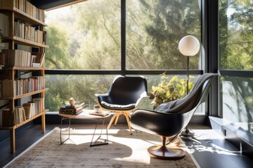 Sticker - modern reading nook with eclectic mix of furnishings, natural light, and view of the outdoors, created with generative ai