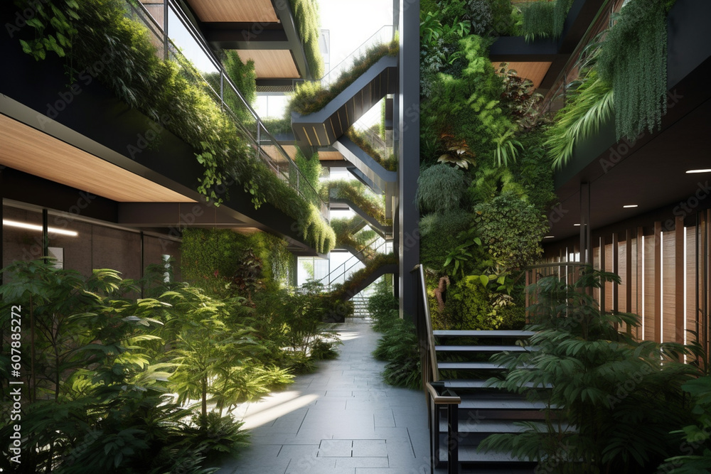 Biophilic architecture design with lush vegetation and greenery ...