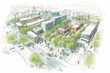 Urban planning sketch highlighting sustainable elements like green spaces, public transportation, and pedestrian zones