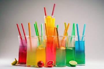 Wall Mural - tower of tall, colorful summer drinks with straws and umbrellas, created with generative ai