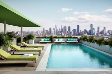 Sticker - green rooftop terrace with lounge chairs and an infinity pool, surrounded by city skyline, created with generative ai