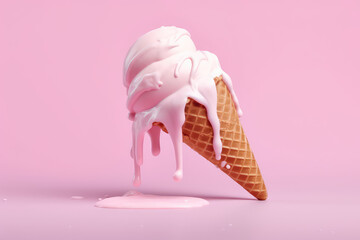 close-up of melting milk cute ice cream in a waffle cone, isolated on a flat pink background with co