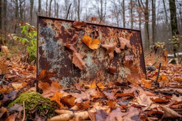 Poster - rusted metal sign with fallen leaves in the background, created with generative ai