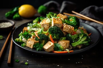 Wall Mural - tofu and vegetable stir-fry with sesame sauce, inspired by japanese and chinese cuisine, created with generative ai
