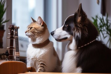 Canvas Print - a dog and a cat, side by side, playing their instruments in unison, created with generative ai