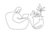 Woman talking on phone continuous one line vector drawing. Girl sitting at table with laptop hand drawn female silhouette. Studying at home, remote job, freelance. Minimalistic contour illustration