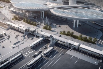 Poster - transportation hub, with connected cars, buses, and trains coming and going, created with generative ai