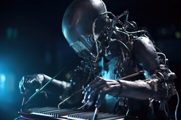 Wall Mural - close-up of alien musician playing futuristic, otherworldly instrument during riveting performance, 