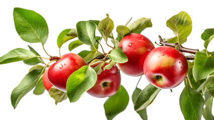 isolated closeup apple tree branch with ripe red apples and green leaves on transparent background. 