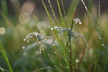 Poster - close-up of dew droplets on meadow grass, created with generative ai