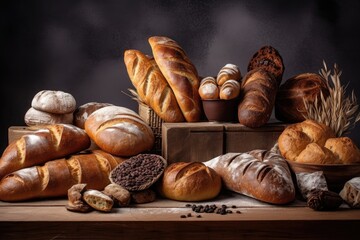 Wall Mural - lineup of freshly baked breads, with different types and shapes for variety, created with generative ai
