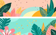 Hello summer. Set of horizontal summer banners with colorful tropical leaves, flowers. Relaxation concept. Templates are ideal for advertising, banners, websites, posters. Vector graphics.