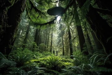 Wall Mural - alien explores lush green forest, with trees towering overhead, created with generative ai