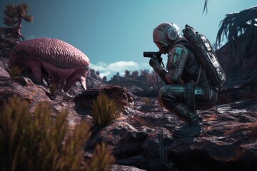 Wall Mural - alien scout, exploring new planet and observing indigenous lifeforms, created with generative ai
