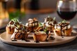 Bite-sized shiitake mushroom crostini topped with a drizzle of balsamic glaze, representing an elegant and flavorful appetizer option. Generative Ai