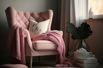 Poster - pink armchair with throw pillow and blanket for cozy reading nook, created with generative ai