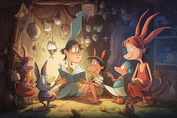 Wall Mural - alien mother reading story to her children, with the family菨¢駂猀 瀀攀琀 愀氀椀攀渀 挀爀攀愀琀甀爀攀 猀椀琀琀椀渀最 渀攀愀爀戀礀ⰰ 挀