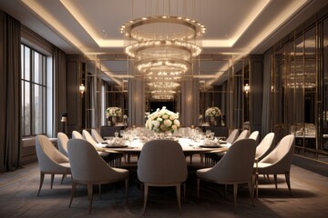 Wall Mural - Glamorous dining room in a luxury residence, featuring a large dining table, exquisite lighting fixtures, and stylish decor. Generative Ai