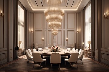 Wall Mural - Glamorous dining room in a luxury residence, featuring a large dining table, exquisite lighting fixtures, and stylish decor. Generative Ai