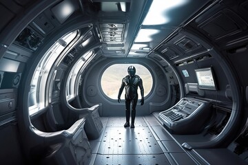 Wall Mural - alien worker, traveling to job site aboard futuristic transport vessel, created with generative ai