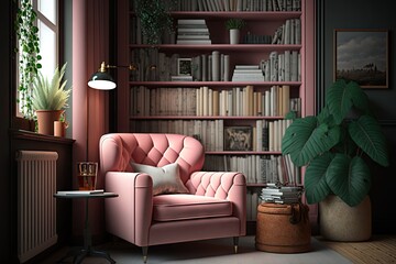 Poster - pink armchair in cozy living room, surrounded by bookshelves and warm decor, created with generative ai