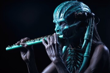 Wall Mural - alien musician playing flute during captivating performance, created with generative ai