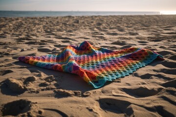 Sticker - colourful picnic blanket on the warm sand of beach, created with generative ai