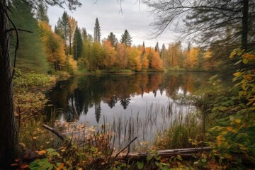 Canvas Print - autumn forest hike with view of a peaceful lake, created with generative ai