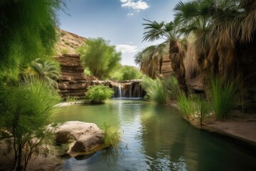 Poster - desert oasis with waterfall and lush greenery in the background, created with generative ai