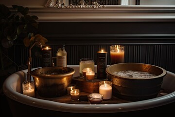 Poster - bubbly bath surrounded by candles and other calming scents, created with generative ai