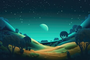 Wall Mural - abstract and surreal landscape with the moon shining above, surrounded by stars, created with genera
