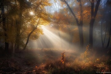 Canvas Print - misty autumn morning sun rays peeking through the mist, created with generative ai