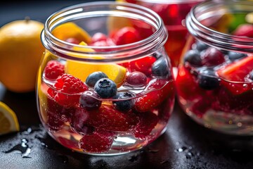 Poster - close-up of crystal clear fruit-infused water with visible fruit pieces, created with generative ai