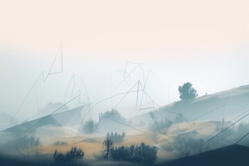 Wall Mural - abstract and surreal landscape with floating shapes and lines in the misty fog, created with generat