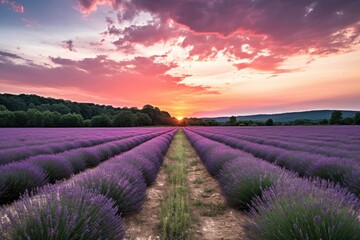 Poster - lavender field with dramatic sunset in the background, created with generative ai