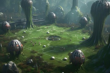 Wall Mural - aliens playing soccer on a futuristic, otherworldly field, created with generative ai
