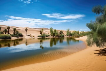 Canvas Print - desert oasis with view of towering sand dunes and azure sky, created with generative ai